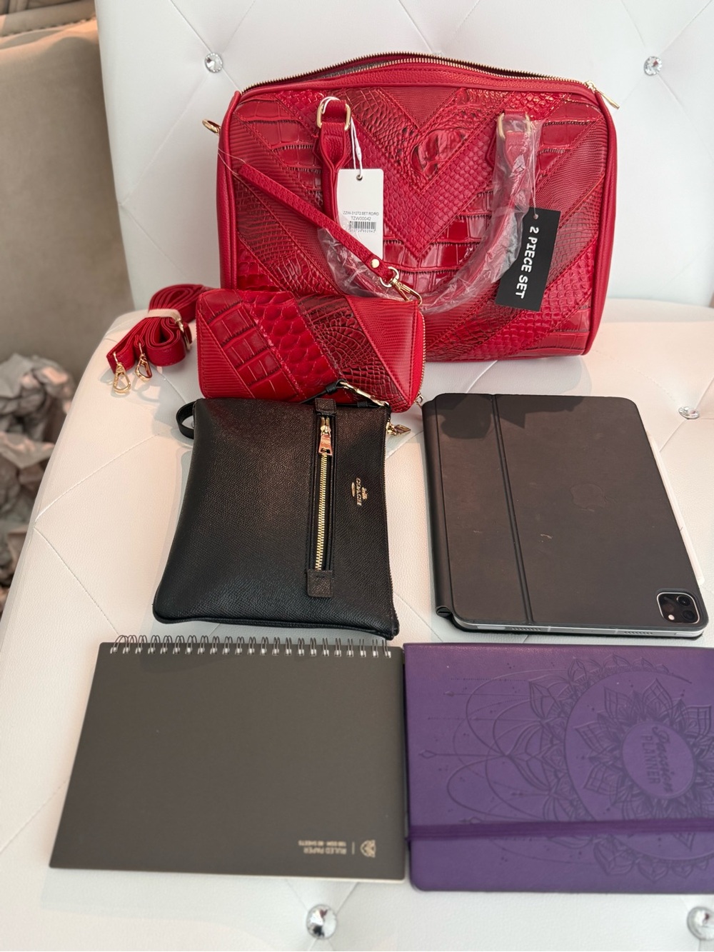 Designer-Inspired Red Patchwork Satchel | Includes Matching Wallet - Picture 12 of 15
